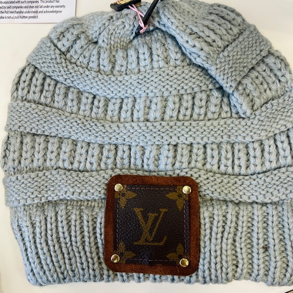 NWT Upcycled Louis Vuitton Blue Gray Knit Beanie with Faux Fur Pom